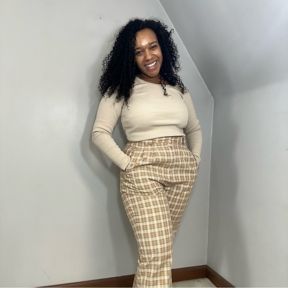 Vintage Cottagecore Tan High Waist Floral Trousers Feminine Pants Retro Romantic - Picture 4 of 17